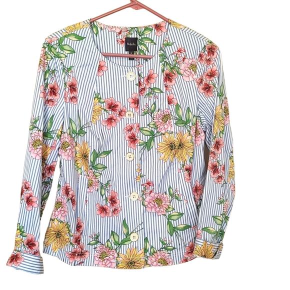Rafaella Size Medium M Blue Stripe Seersucker Floral Flower Print Blazer Button - Picture 1 of 10